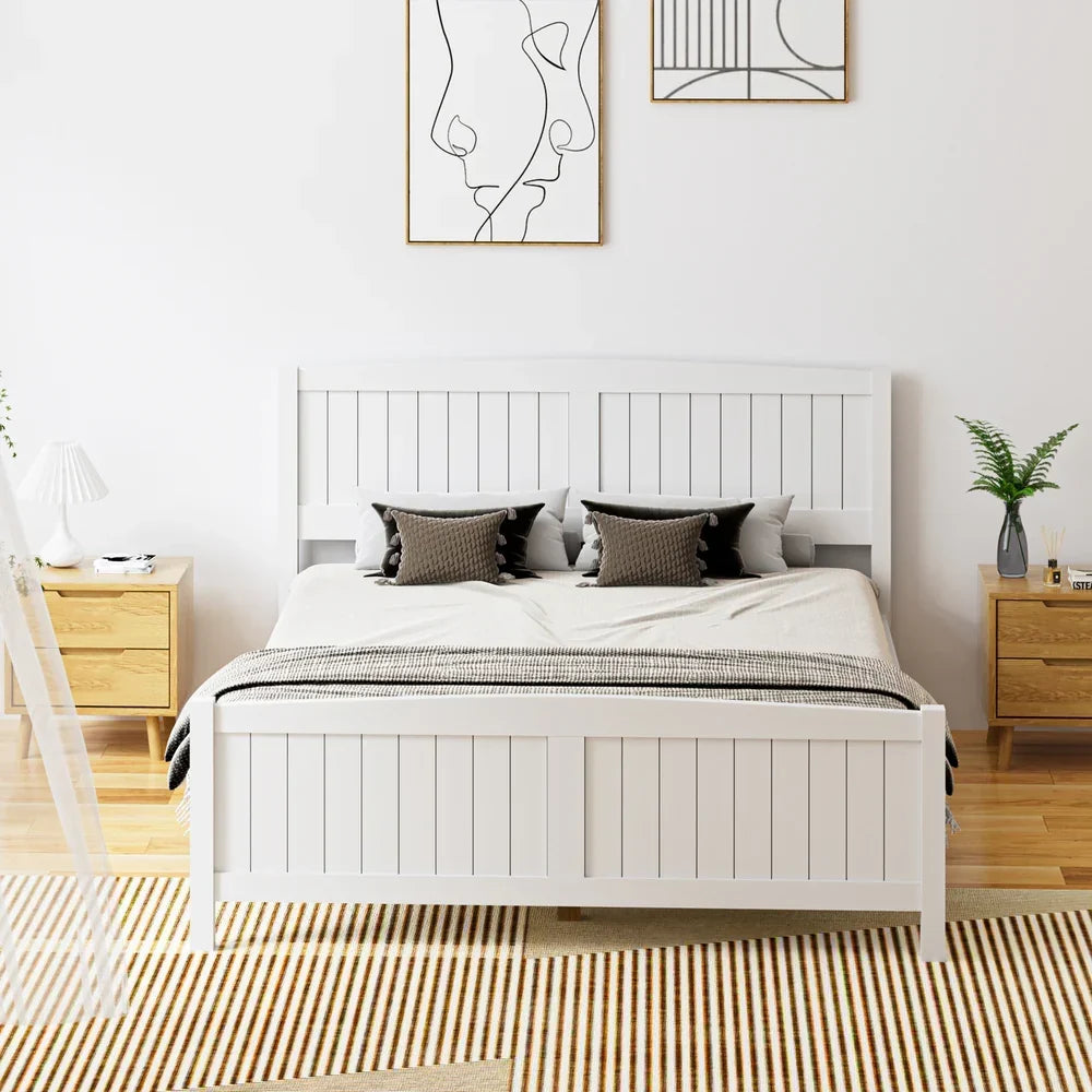 BF-W-B-META-Q-WH-AB Oikiture Bed Frame Queen Size Wooden Base Timber Platform White