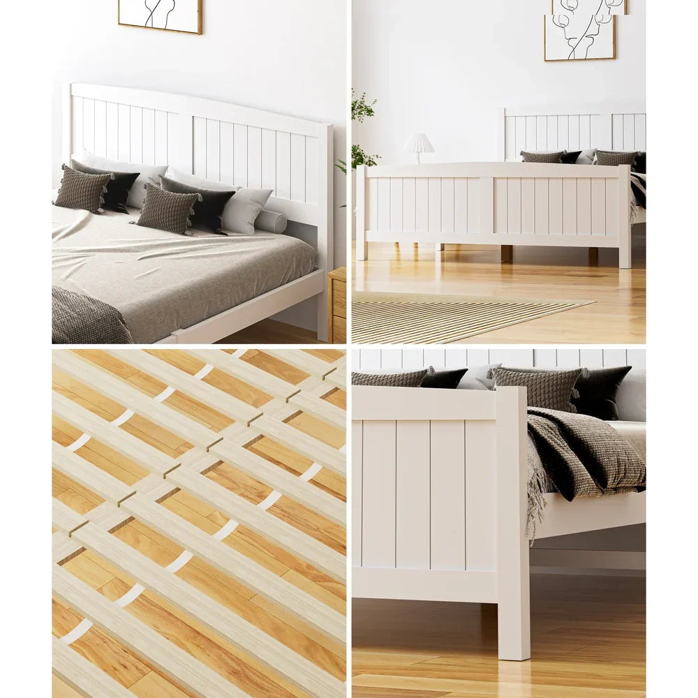 BF-W-B-META-Q-WH-AB Oikiture Bed Frame Queen Size Wooden Base Timber Platform White