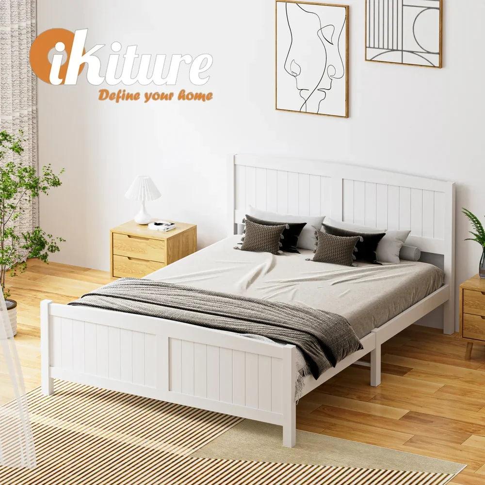 BF-W-B-META-Q-WH-AB Oikiture Bed Frame Queen Size Wooden Base Timber Platform White