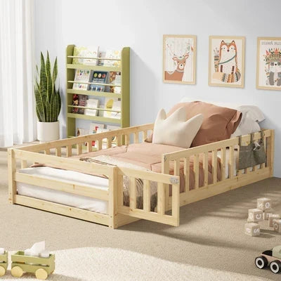 BF-W-B-WOODY-S-WD Oikiture Kids Bed Frame Single Floor Beds Timber Wood Gate Guard Fence White