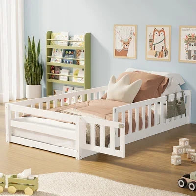 BF-W-B-WOODY-S-WH Oikiture Kids Bed Frame Single Floor Beds Timber Wood Gate Guard Fence White