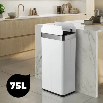BIN-MT-B3-75L-WH Oikiture 75L Motion Sensor Bin Stainless Steel Automatic Rubbish Trash Can White