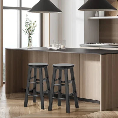 BS-FJ-AURA-BK-2PC Oikiture 2x Bar Stool Kitchen Counter Round Chair Split-Level Footrest Black
