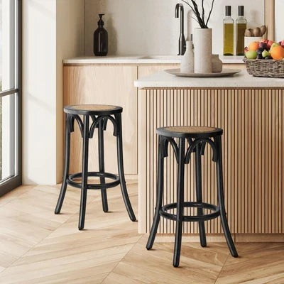 BS-FJ-KUN-BK-2PC Oikiture 2x Bar Stools Kitchen Vintage Dining Chair Rattan Seat Black