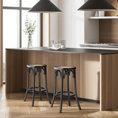 BS-FJ-KUN-BK-2PC Oikiture 2x Bar Stools Kitchen Vintage Dining Chair Rattan Seat Black