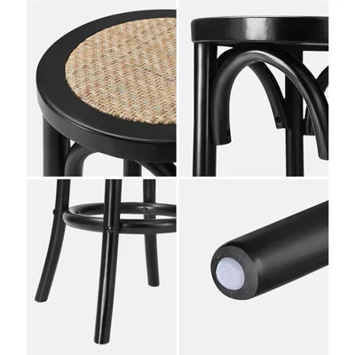 BS-FJ-KUN-BK-2PC Oikiture 2x Bar Stools Kitchen Vintage Dining Chair Rattan Seat Black