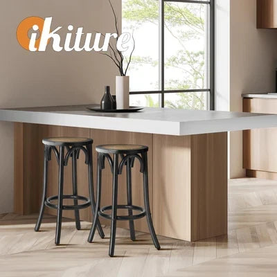 BS-FJ-KUN-BK-2PC Oikiture 2x Bar Stools Kitchen Vintage Dining Chair Rattan Seat Black