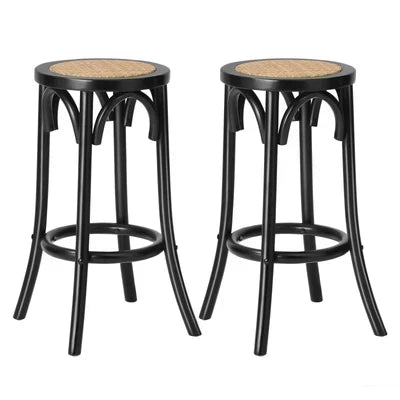 BS-FJ-KUN-BK-2PC Oikiture 2x Bar Stools Kitchen Vintage Dining Chair Rattan Seat Black