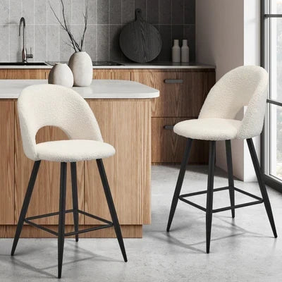 BS-HORN-WHBK-2PC Oikiture 2x Bar Stools Kitchen Counter Stool Dining Chairs Boucle White HORN