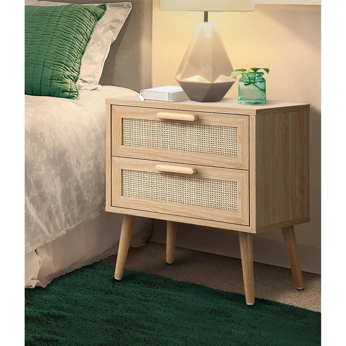 BT-A23-RAT-WD Bedside Table 2 Drawers Rattan Bedroom Storage Cabinet Furniture Wood
