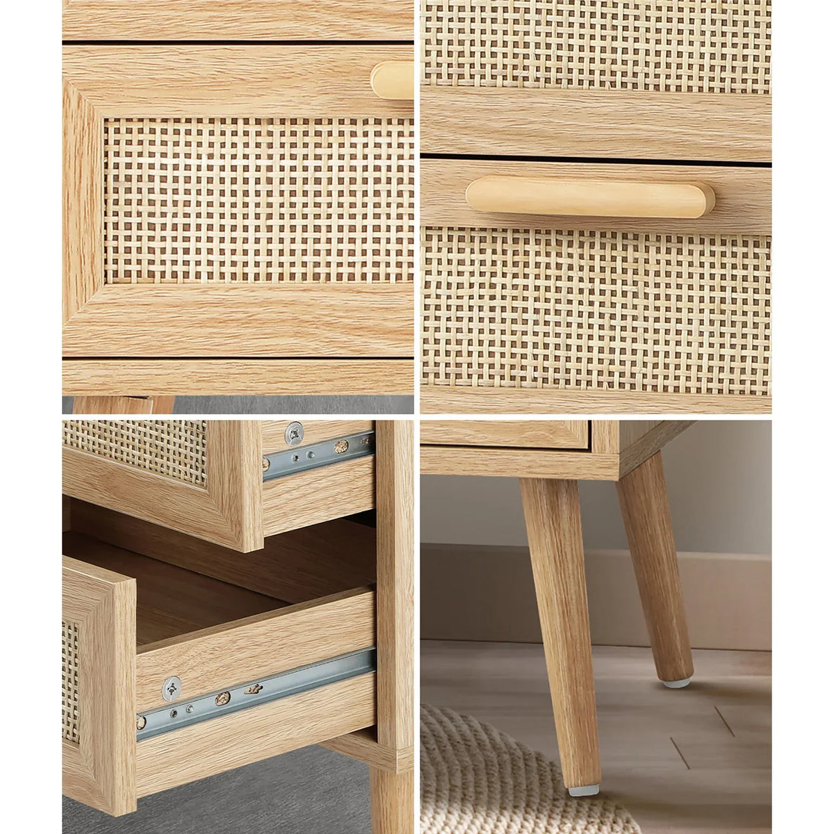 BT-A23-RAT-WD Bedside Table 2 Drawers Rattan Bedroom Storage Cabinet Furniture Wood