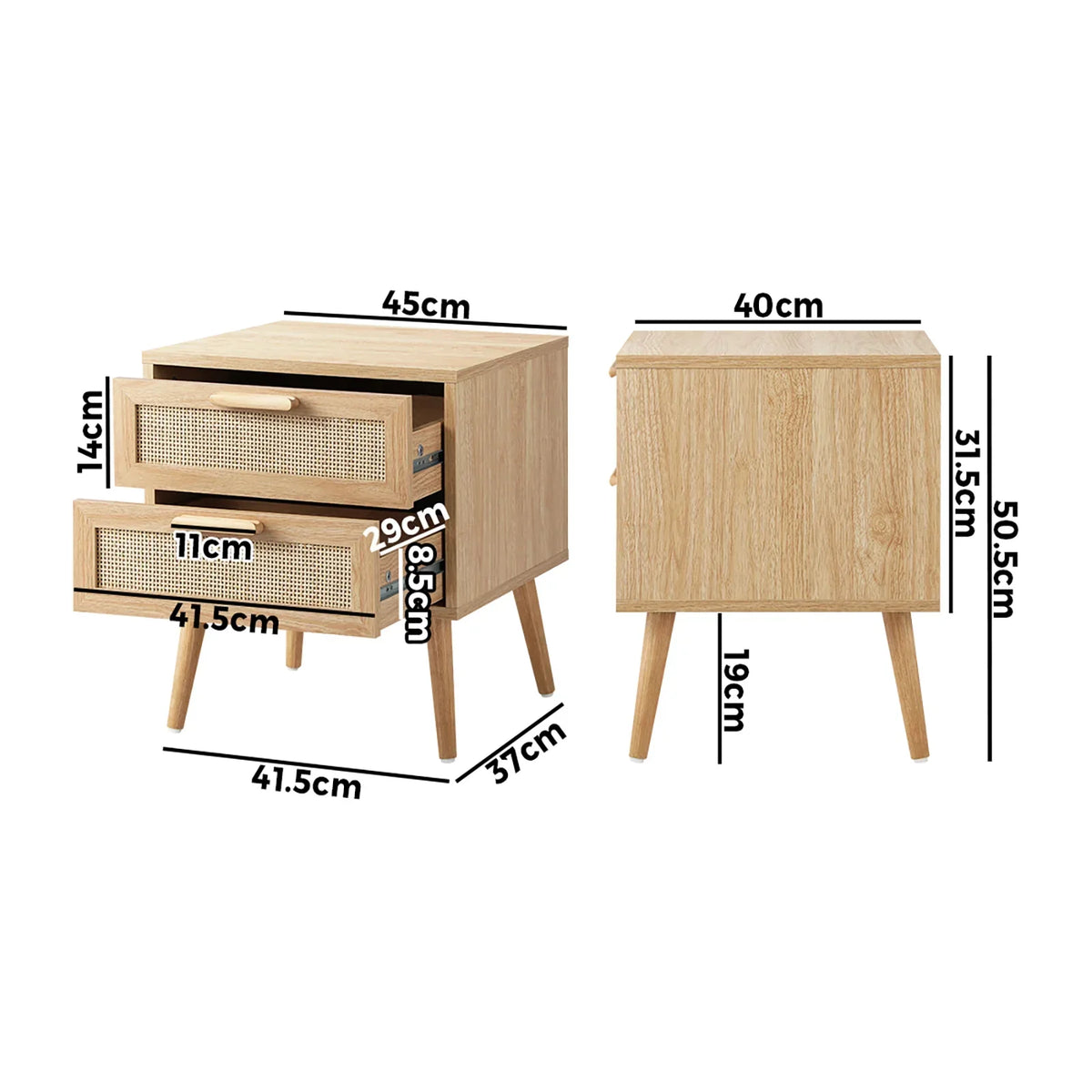 BT-A23-RAT-WD Bedside Table 2 Drawers Rattan Bedroom Storage Cabinet Furniture Wood