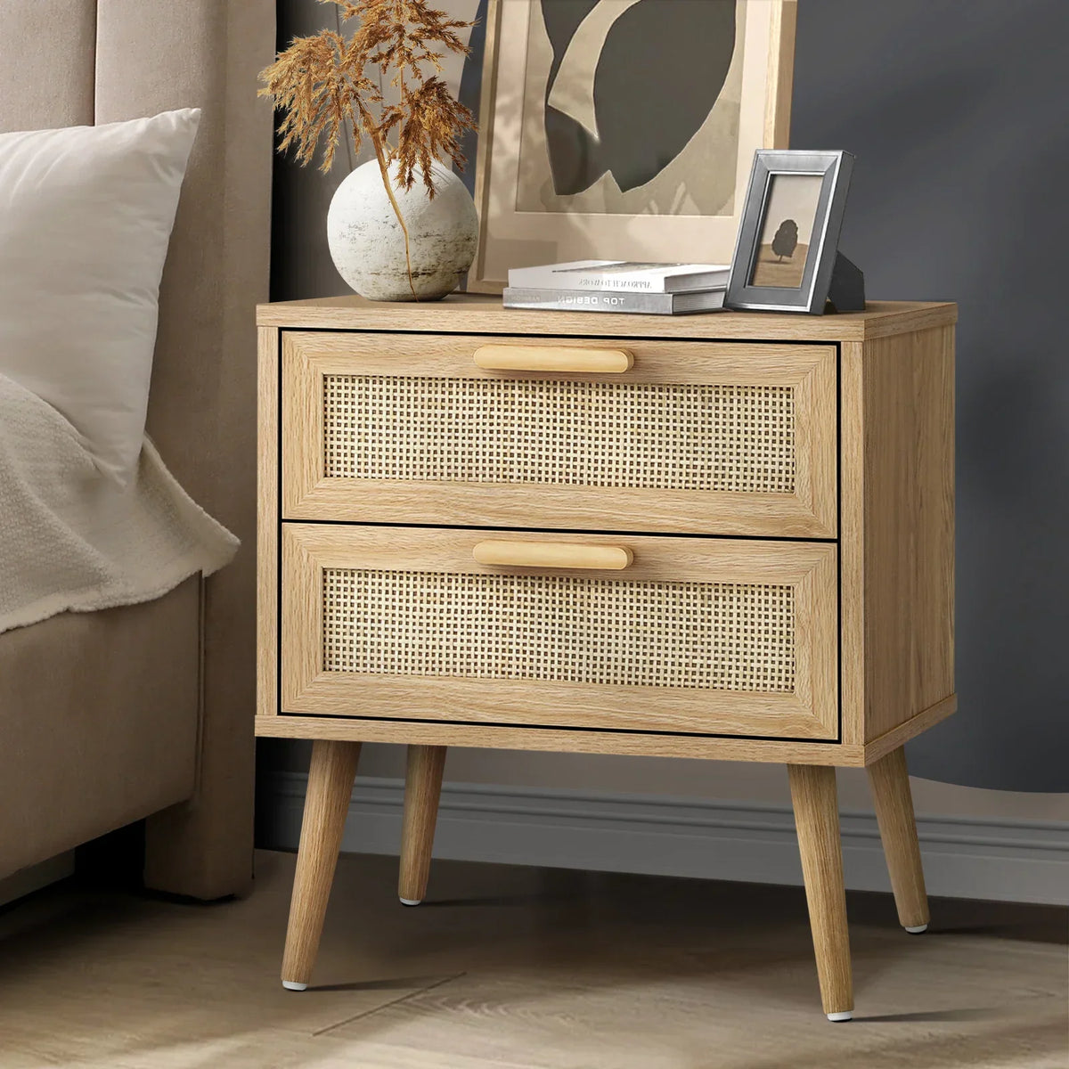BT-A23-RAT-WD Bedside Table 2 Drawers Rattan Bedroom Storage Cabinet Furniture Wood