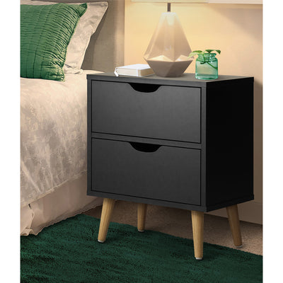 BT-A26-UCAN-BK Oikiture Bedside Tables 2 Drawers Side Table Bedroom Furniture Storage Black