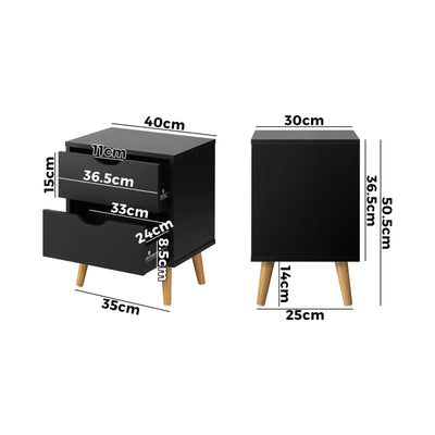BT-A26-UCAN-BK Oikiture Bedside Tables 2 Drawers Side Table Bedroom Furniture Storage Black