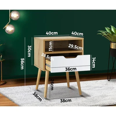 BT-A4-WHWD Oikiture Bedside Tables Drawers Side Table Nightstand Storage Cabinet Bedroom