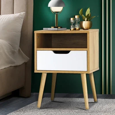 BT-A4-WHWD Oikiture Bedside Tables Drawers Side Table Nightstand Storage Cabinet Bedroom