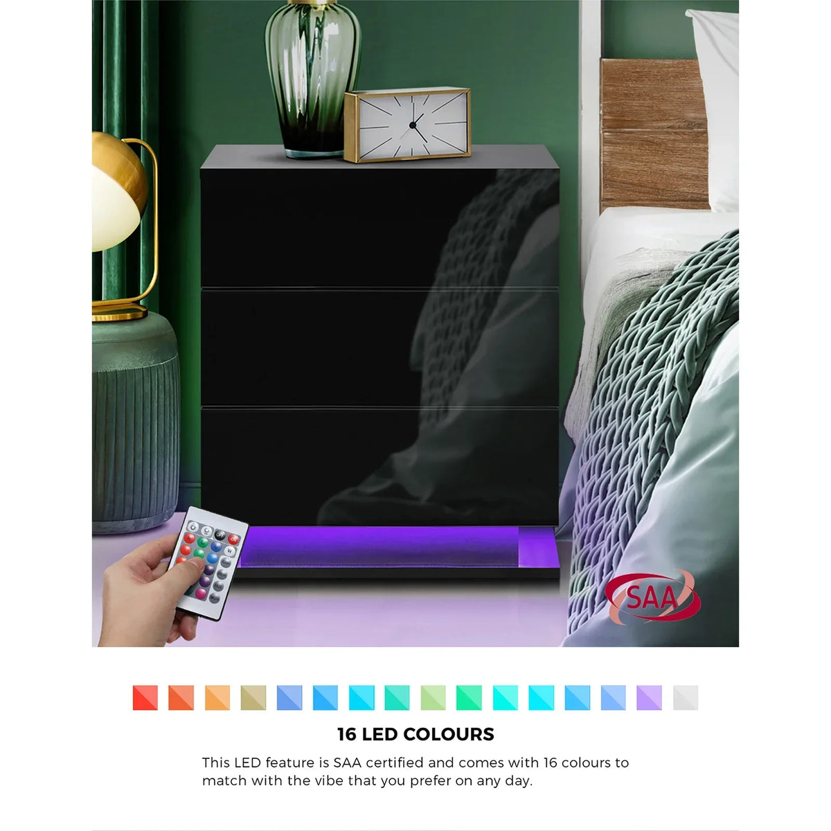 BT-B12-LED-3D-BK Oikiture Bedside Table RGB LED Nightstand Cabinet 3 Drawers Side Table Furniture