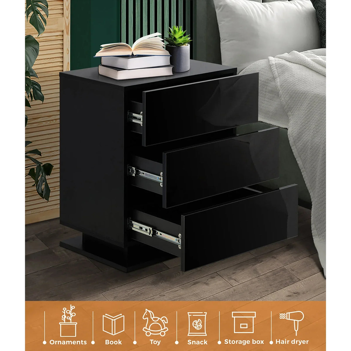 BT-B12-LED-3D-BK Oikiture Bedside Table RGB LED Nightstand Cabinet 3 Drawers Side Table Furniture