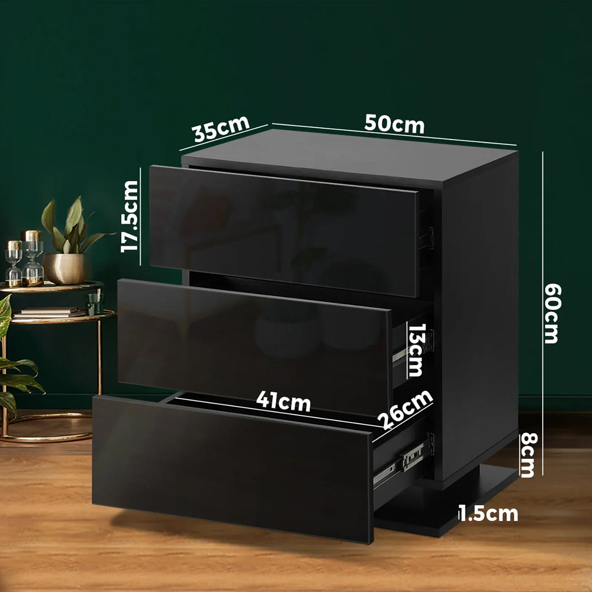 BT-B12-LED-3D-BK Oikiture Bedside Table RGB LED Nightstand Cabinet 3 Drawers Side Table Furniture