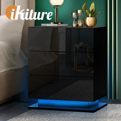 BT-B12-LED-3D-BK Oikiture Bedside Table RGB LED Nightstand Cabinet 3 Drawers Side Table Furniture
