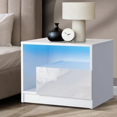BT-B14-ANDY-WH Oikiture Bedside Tables Side Table RGB LED Drawers High Gloss Furniture White