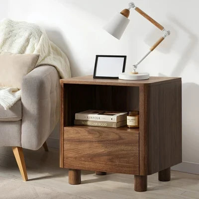BT-COCO-1S1D-WN Oikiture Bedside Table Nightstand One Drawer Open Shelf Handle-Free Walnut