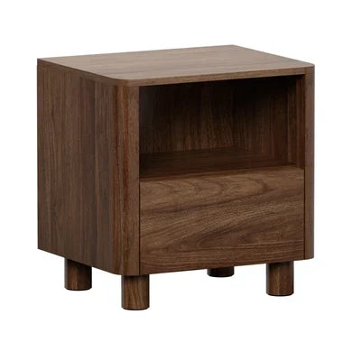 BT-COCO-1S1D-WN Oikiture Bedside Table Nightstand One Drawer Open Shelf Handle-Free Walnut