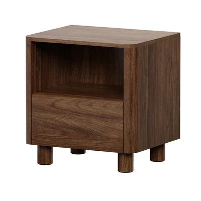 BT-COCO-1S1D-WN Oikiture Bedside Table Nightstand One Drawer Open Shelf Handle-Free Walnut