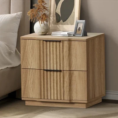 BT-EWA-2D-WD Oikiture Bedside Table 2 Drawers Storage Nightstand Side End Table Natural