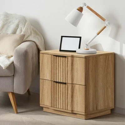 BT-EWA-2D-WD Oikiture Bedside Table 2 Drawers Storage Nightstand Side End Table Natural
