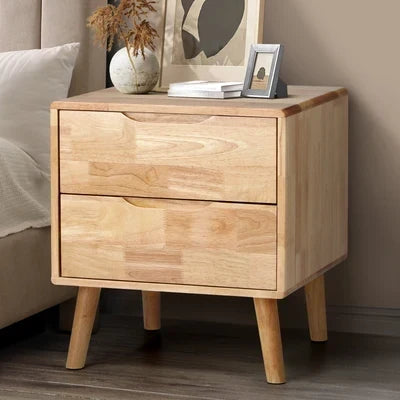 BT-GG-SOLI-2D-WD Oikiture Bedside Table 2 Drawers Storage Nightstand Solid Wood Natural