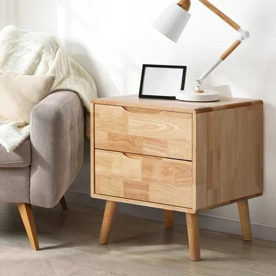 BT-GG-SOLI-2D-WD Oikiture Bedside Table 2 Drawers Storage Nightstand Solid Wood Natural