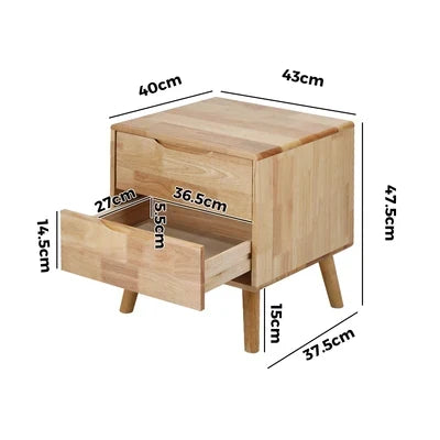BT-GG-SOLI-2D-WD Oikiture Bedside Table 2 Drawers Storage Nightstand Solid Wood Natural
