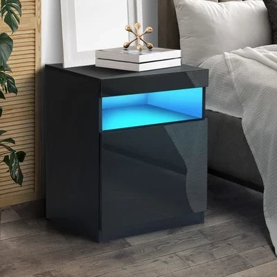 BT-HH-01-BK Oikiture Bedside Table LED Nightstand Shelf Side End Table Storage Cabinet Black