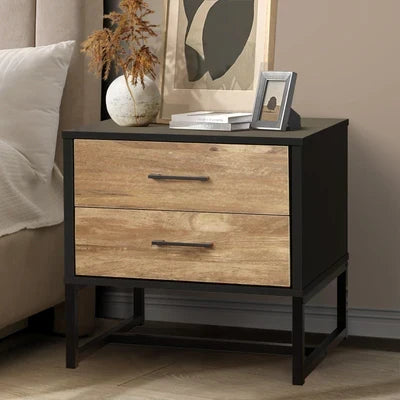 BT-MF-HONY-2D-BKWD Oikiture Bedside Table 2 Drawers Side Tables Storage Nightstand Metal Industrial