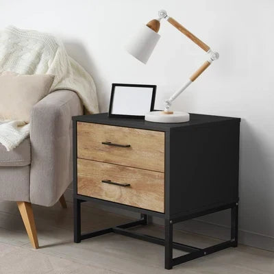 BT-MF-HONY-2D-BKWD Oikiture Bedside Table 2 Drawers Side Tables Storage Nightstand Metal Industrial