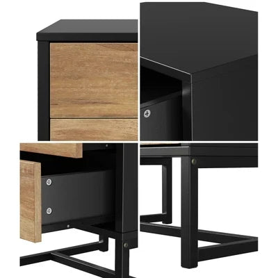 BT-MF-HONY-2D-BKWD Oikiture Bedside Table 2 Drawers Side Tables Storage Nightstand Metal Industrial