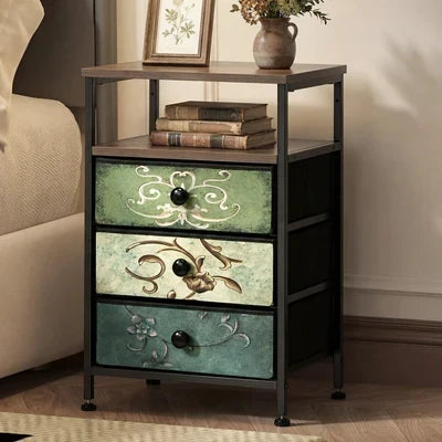 BT-TS-BOHEMI-3D-1PC Oikiture Bedside Table Fabric Nightstand 3 Drawers Retro End Table Shelf