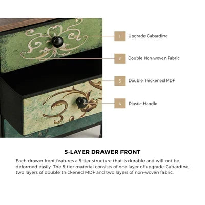 BT-TS-BOHEMI-3D-1PC Oikiture Bedside Table Fabric Nightstand 3 Drawers Retro End Table Shelf
