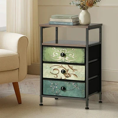 BT-TS-BOHEMI-3D-1PC Oikiture Bedside Table Fabric Nightstand 3 Drawers Retro End Table Shelf