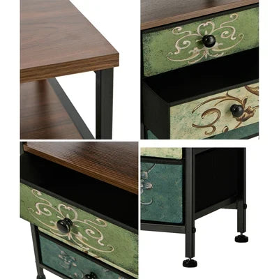 BT-TS-BOHEMI-3D-1PC Oikiture Bedside Table Fabric Nightstand 3 Drawers Retro End Table Shelf