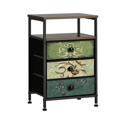 BT-TS-BOHEMI-3D-1PC Oikiture Bedside Table Fabric Nightstand 3 Drawers Retro End Table Shelf