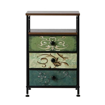 BT-TS-BOHEMI-3D-1PC Oikiture Bedside Table Fabric Nightstand 3 Drawers Retro End Table Shelf