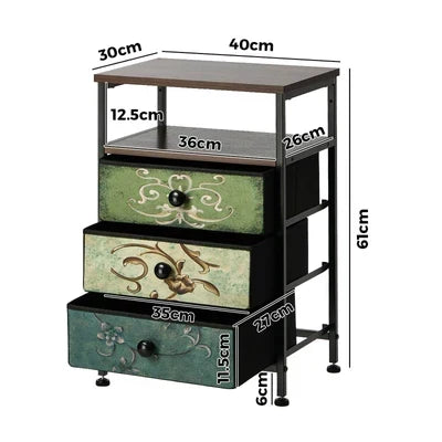 BT-TS-BOHEMI-3D-1PC Oikiture Bedside Table Fabric Nightstand 3 Drawers Retro End Table Shelf
