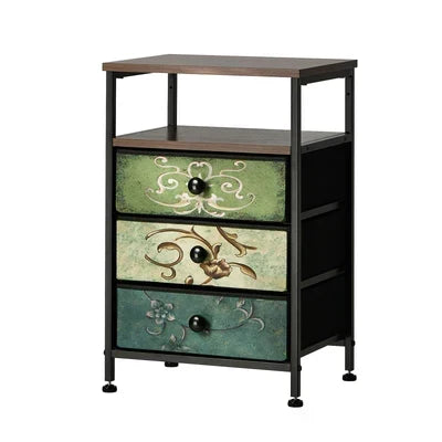BT-TS-BOHEMI-3D-1PC Oikiture Bedside Table Fabric Nightstand 3 Drawers Retro End Table Shelf