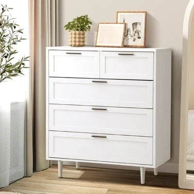 COD-EMMA-5D-WH-AB Oikiture 5 Chest of Drawers Dresser Chest Storage Cabinet Tallboy White