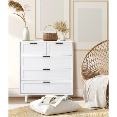 COD-EMMA-5D-WH-AB Oikiture 5 Chest of Drawers Dresser Chest Storage Cabinet Tallboy White