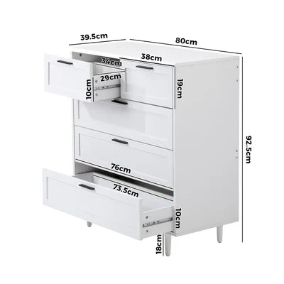 COD-EMMA-5D-WH-AB Oikiture 5 Chest of Drawers Dresser Chest Storage Cabinet Tallboy White