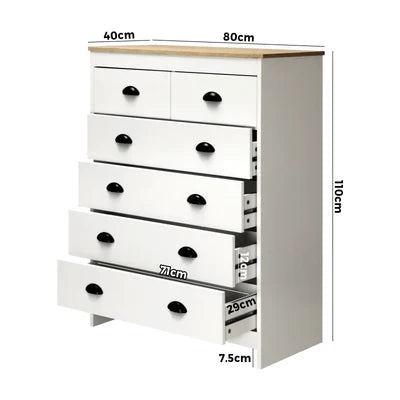 COD-KUKA-WH-AB Oikiture White Chest of Drawers 6 Drawer Dresser Table Tallboy Storage Cabinet